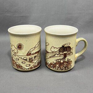 Vtg Ashdale Pottery Stoneware Coffee Mug Cream England Cottage Train Landscape